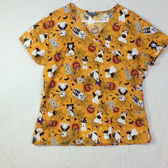 Serene Uniforms Women’s L Halloween Puppies Scrub Top Orange Black Polyester - Picture 1 of 5